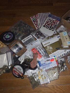 Nice craft lot: beads, moonstone gemstones, bezels, hooks, fireline, leather